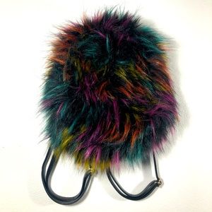 Faux Fur Adjustable Zip Backpack Bag Inside Pocket Black with Rainbow Highlights
